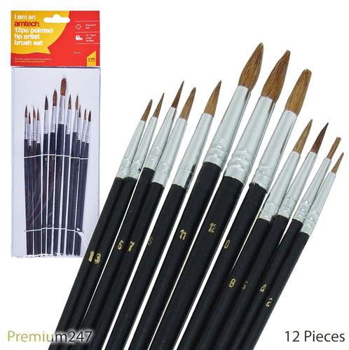 12x Artists Paint Brush Set - Pointed Tip Amtech Brush Set DIY School Fun Art - Picture 2 of 6
