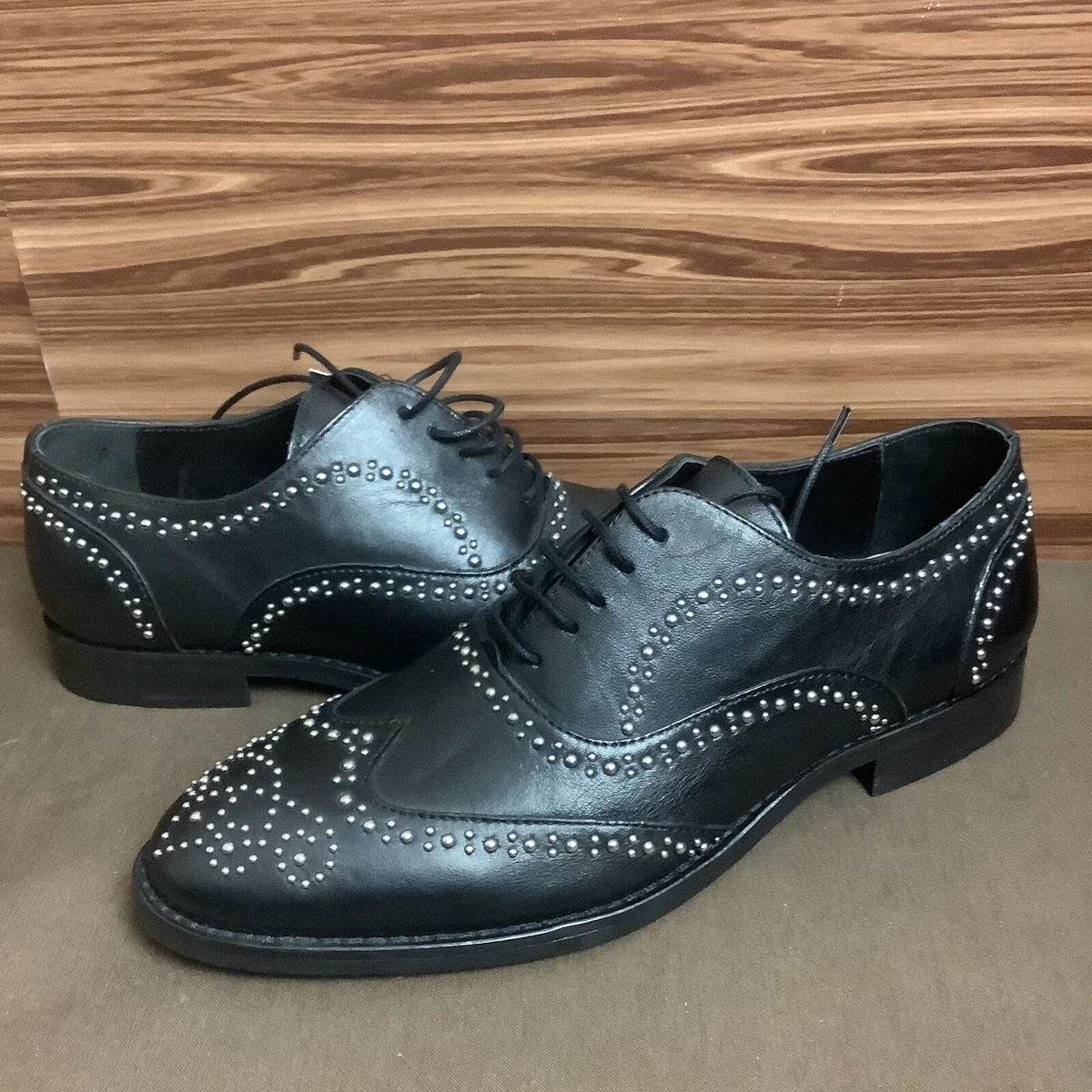 Zara Man Black Tag Studded Wingtip Oxfords Sz 7