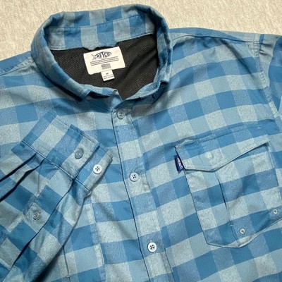 Aftco Shirt Men's Medium Blue Buffalo Cheek Fishing Button-Up Technical Vented
