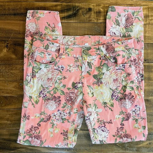 Coral Pink Floral Skinny Jeans Sz 7 30 Stretch Jeggings Summer - Picture 1 of 7