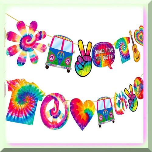 Tie Dye Party Extravaganza - Vibrant 2pcs Banner & Garland Set for Retro 60s 70s - Imagen 2 de 7