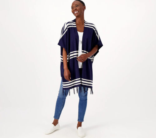 Denim & Co. Canyon Retreat Jacquard Open-Front Ruana w/Tassles XS/Small Navy