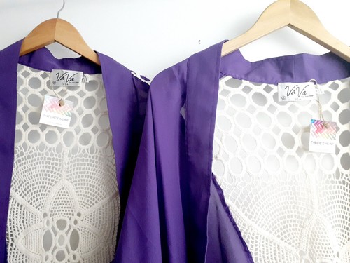Women's Boho Open Front Embroidered Crochet Back Purple Kimono Cardigan NWT - Picture 9 of 15