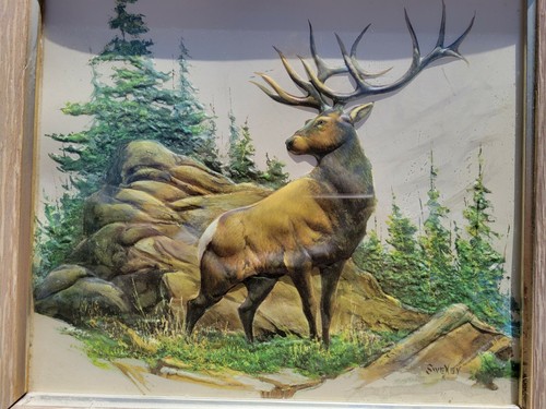 Rare 3D Framed Artwork Deer Scenery Plastic? Laminated Wood Frame Signed SweXey - Picture 2 of 12