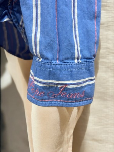 Pepe Jeans Long Sleeve Blue Striped Shirt Button Up Size Large - Picture 5 of 8
