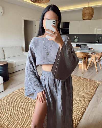 Women's Summer 2 Piece Casual Linen Outfit Long Sleeve Crop Top Maxi Skirt Set - Picture 18 of 23
