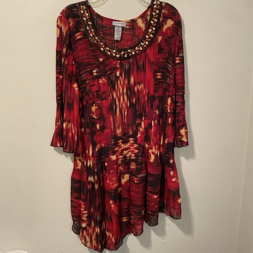 Catherines Crinkle pleated Asymmetric 3X Embellished Bell Sleeve Top Valentine