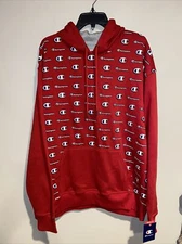CHAMPION Red Powerblend Big C & Script Logo Front & Back Hoodie Sweatshirts XL
