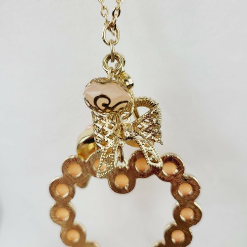 Statement Heart Necklace Romantic Style Gold Tone Bow Bead Charms Acrylic Long - Picture 6 of 9