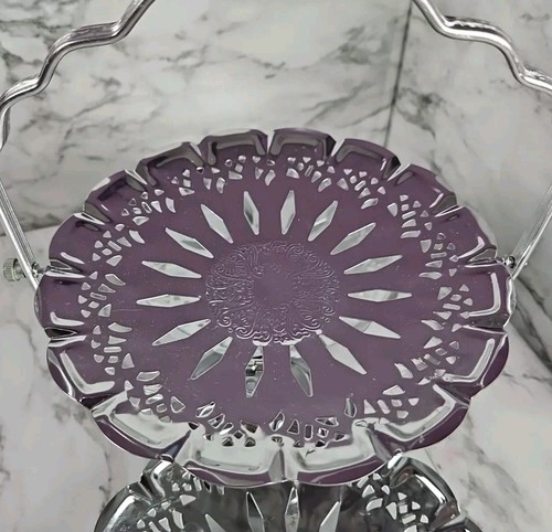 1970er Jahre Kuchen/Süßigkeiten Serviertablett 3-stufig faltbar Silber Metall Geschirr mit Griff Vintage - Bild 3 von 10