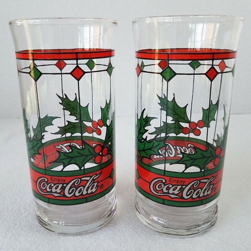 Coca Cola Christmas Holly Berry Stained Glass Drinking Glasses Set Of 2 Vintage - Picture 1 of 7