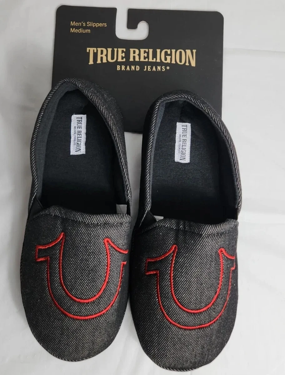 True Religion Slippers Men s Red Black Denim Size Medium Shoe Size