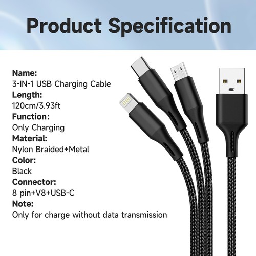 Multi USB Kabel, 3 in 1 Universal Ladekabel Nylon Mehrfach Ladekabel Micro USB T - Bild 10 von 10
