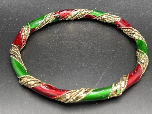 Vintage grün, rot, gold Messing Emaille Draht gewickelt Armreif Armband Boho - Bild 2 von 5