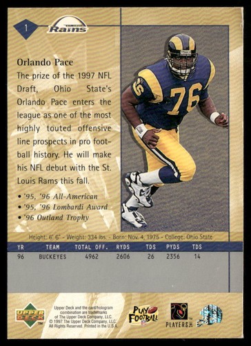 Orlando Pace 1997 Upper Deck #1 St. Louis Rams RC OHIO ST - Imagen 2 de 2