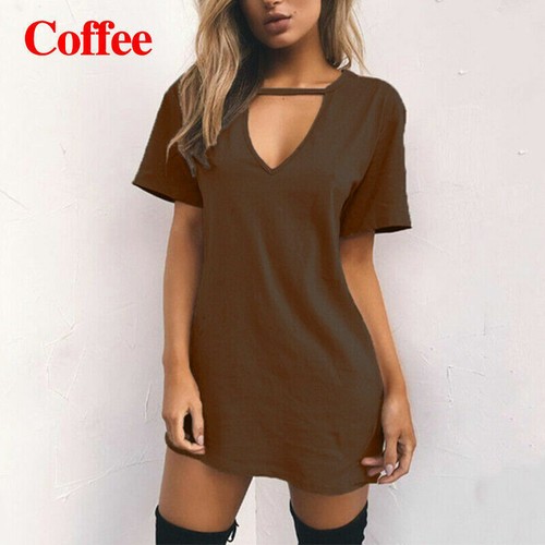 Sommer T-Shirt locker V-Ausschnitt hohl Kurzarm T-Shirt Kleid Tops Mode Damen - Bild 12 von 22