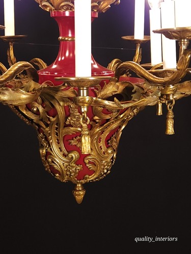 RARE Antique French Art Nouveau 12 Light OXBLOOD Empire Bronze Brass Chandelier - Picture 7 of 22