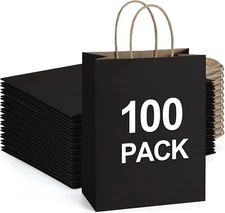 Recyclable Kraft Paper Gift Bag, 8X4.25X10.5 Inches, 100Pcs, Black, with Handles