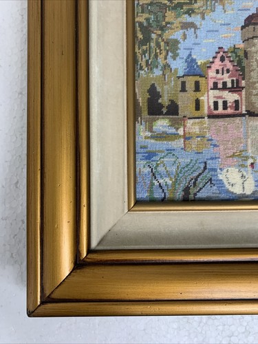 Vintage Framed Needlepoint European Houses & Lake Scene With Swans - Picture 7 of 24