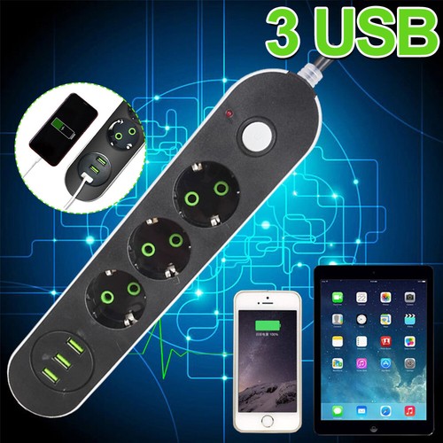 29cm 3fach 3USB Steckdosenleiste mit Schalter Steckdose 2m Kabel Mehrfachstecker - Bild 2 von 15