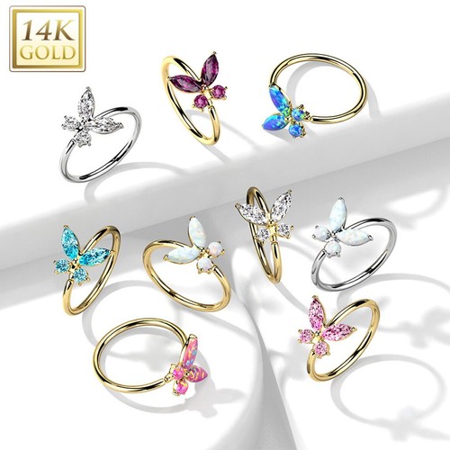 14 Karat Solid Gold Nose Ring 20 Gauge Bendable Hoop with Butterfly - Picture 7 of 15