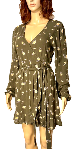 SO Olive Green Floral Faux Wrap Ruffle Hem V-Neck Long Sleeve Fit&Flare Dress S - Picture 4 of 10