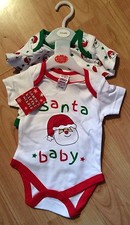 New Pack of 2 Christmas Babygro 3-6M - Red Trim Santa Baby Green Trim Santa Head