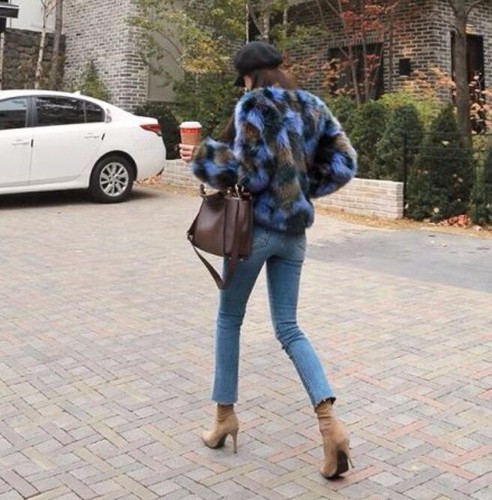 Jacket Warm Fur Casual Outwear Womens Loose Korean Short Coats Chic Color Mixed IYqzUa
