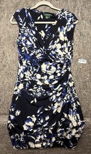 Lauren Ralph Lauren Women's Sheath Dress Floral Print Ruched Blue Blk Beige Sz 6
