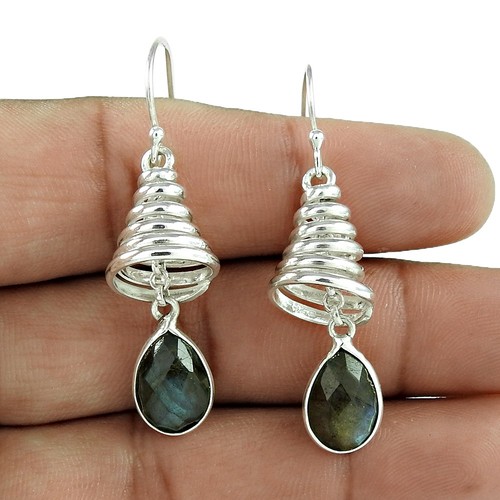 Natural Labradorite Gemstone Drop/Dangle Blue Earrings 925 Sterling Silver - Picture 1 of 6