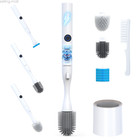 8-in-1 Electric Toilet Brush Holder Set Nylon & Soft Silicone Brushes, 2 Speed