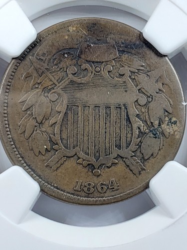 1864 Two Cent Piece - Small Motto - NGC Fine Details, Environmental Damage - Picture 2 of 4