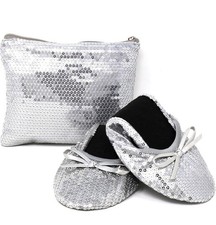 Silky Toes Foldable Flats Shoes With Purse Ballet Ballerina Slippers Silver XL