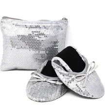 Silky Toes Foldable Flats for Women Purse Ballet Ballerina Slippers Silver Size 