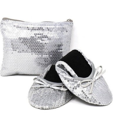 Silky Toes Foldable Flats Shoes With Purse Ballet Ballerina Slippers Silver XL