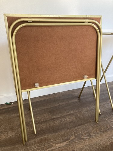 Lotto/Set di 4 Vassoi TV Moderni Vintage Mid Century Pieghevoli Atomic Gold Woodgrain - Foto 16 di 16