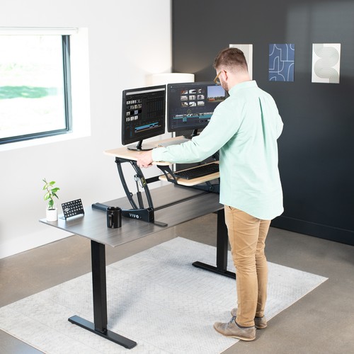 VIVO Light Wood Adjustable Extra Wide 42" Stand Up Desk Converter, Black Frame - Picture 3 of 8