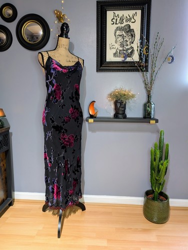 90s Y2K Resource Black Bias Cut Devore Slip Dress UK 14 (US 10) - 第 7/11 張圖片