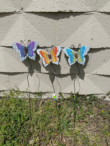 NEW Set/3 Tin Metal  Butterflies Garden Decor Purple Orange Blue - Picture 1 of 4
