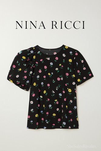 Nina Ricci Black Floral Silk Blend Puff Shoulder Blouse Top Size S (FR 42) - Picture 2 of 9