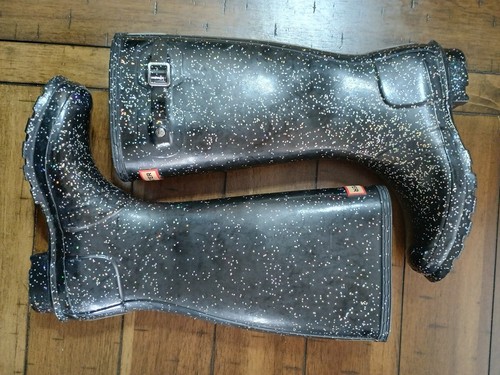 HUNTER Big Kids 4B/ 5G Original Black Glitter Tall Rain Boots Girls Fleece Socks - Picture 4 of 13