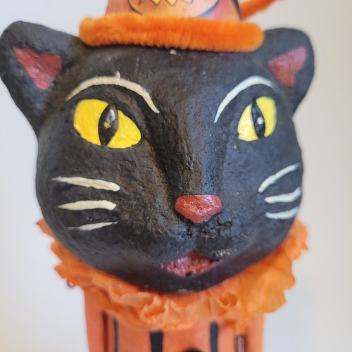 Vintage Folk Art Paper Mache Black Cat Halloween Skull Bucket See Description! - Picture 2 of 21