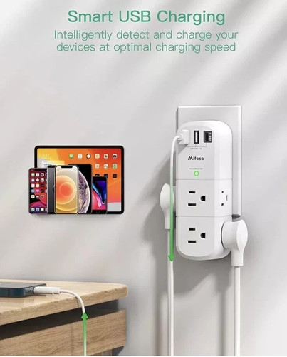Prolunga Presa USB Protezione da Sovratensioni - con Spina Rotante, 6 AC Multi Plug Out... - Foto 5 di 6
