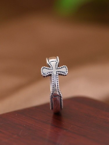 Solid 925 Sterling Silver Stamped Mens Retro Cross Ring Size Adjustable uk - Picture 5 of 8
