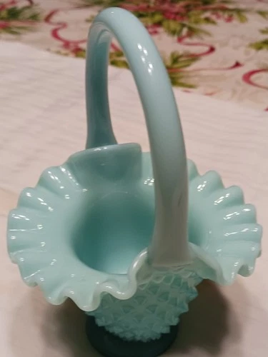 Vintage MCM Fenton Blue Pastel Turquoise Minty Aqua Glass Hobnail Basket 5 1/2 "