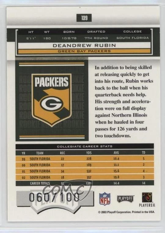 2003 Playoff Honors Rookie Xs /100 DeAndrew Rubin #139 Rookie RC - Image 2 of 2