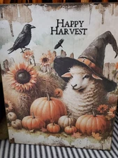 OLD FOLK  ART PRIMITIVE VINTAGE STYLE HALLOWEEN WEAVER SHEEP HAPPY HARVEST SIGN