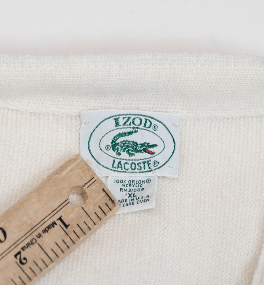 Cárdigan Suéter XL 100 % Acrílico Para Hombre IZOD Lacoste Verdadero Vintage Marfil Cuello en V Foto 3 de 4