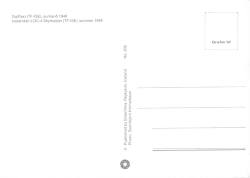 Postcard Airline Icelandair DC-4 TF-ISE Skymaster No. 209 CC8. - Picture 2 of 2