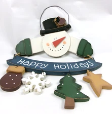 Wooden Snowman Happy Holidays Sign Rustic Country Christmas Wall Door Decor